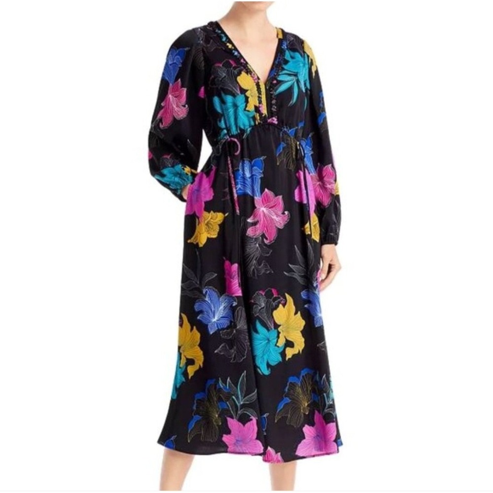 Kobi Halperin Black Floral Midi Dress Large Braided V-Neck Drawstring KP1D16